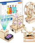 4 In 1 STEM Kit For Kids Ages 6 13 Build A Ferris Wheel Carousel Fiber Optic Lamp And Starry Night Light with laser-cut wood pieces