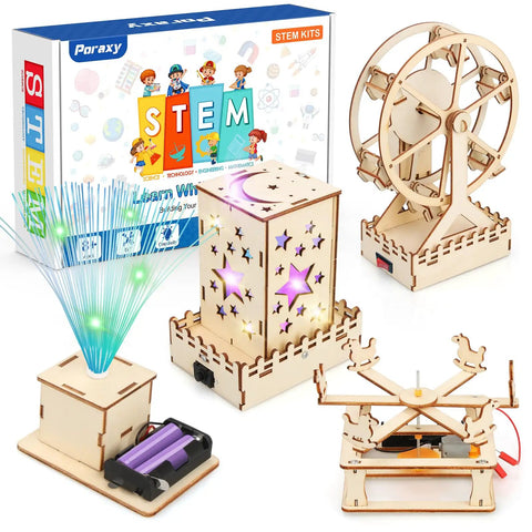 4 In 1 STEM Kit For Kids Ages 6 13 Build A Ferris Wheel Carousel Fiber Optic Lamp And Starry Night Light with laser-cut wood pieces