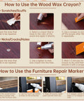 Instructions on using 24 Piece Wood Repair Kit With 16 Color Wax Crayons And 8 Furniture Marker Touch Up Pens for repairs