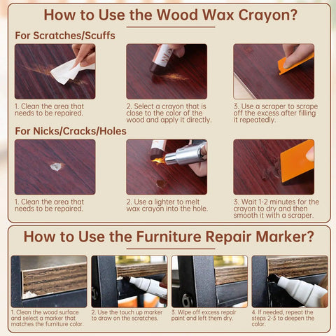 Instructions on using 24 Piece Wood Repair Kit With 16 Color Wax Crayons And 8 Furniture Marker Touch Up Pens for repairs