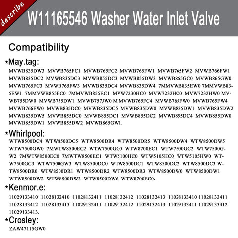 Washer water inlet valve W11165546; compatible with Maytag and Whirlpool washers.
