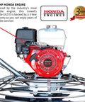 46 Inch Gas Powered Walk Behind Power Trowel With Honda Engine For Concrete Finishing, Pro Grade Blades And Float Pan, Blade Pitch Control From 0 To 28 Degrees, Smoothing Edges And Corners On Cement Floors, Honda GX270 engine