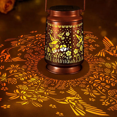 Outdoor Solar Lanterns Waterproof Weatherproof Metal Hummingbird Garden Decor with glowing floral projection
