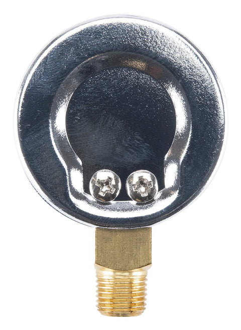 Performance Tool W10055 air gauge front view, chrome round housing with brass threaded connector