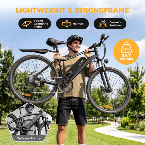 Huge 1500W Motor Electric Bike With Super Long Range And Swift Commuting Powers For Urban Rides Featuring Bold 26 Inch Tires And Heavy Duty Build For Any Terrain You Want To Crush Today. man carrying black electric bike with 26 inch tires, lightweight strong frame