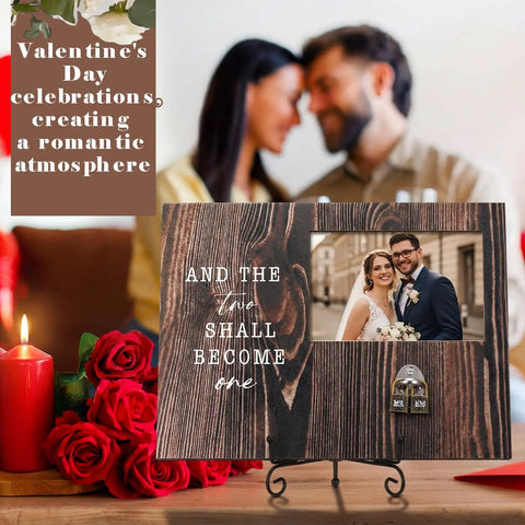 Top Tier Wooden Picture Frame For Wedding Unity Ceremony With Sweet Retro Love Locks And Keys Fits 4X6 Photos on display with romantic decor.