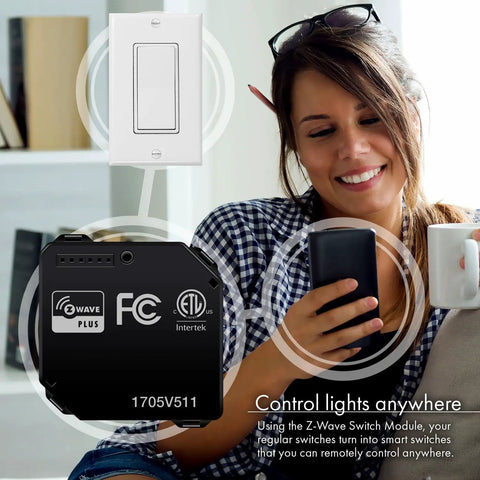 Woman using phone with Hidden Z-Wave Plus Smart Relay For Lights And Ceiling Fans, 120-277 VAC, 10A, Neutral Wire Required beside her.