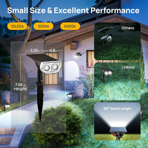 Outdoor Solar Spotlight Kit 6 Pack, 200 Lumen Daylight White LED Landscape Lights in garden scene.