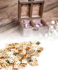 Brass Mini Hinge Set 100 Pieces With 400 Screws for jewelry boxes and miniature furniture, visible with open wooden box.