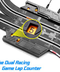Close-up of lap counter on Fast 19 Ft Electric Slot Car Track Set with Bright LED Lights, showing lap number display.