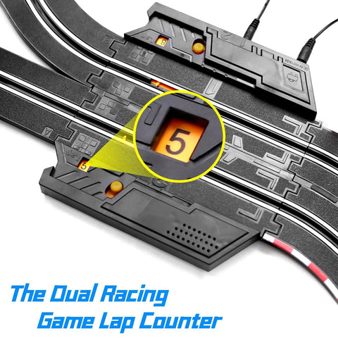 Close-up of lap counter on Fast 19 Ft Electric Slot Car Track Set with Bright LED Lights, showing lap number display.
