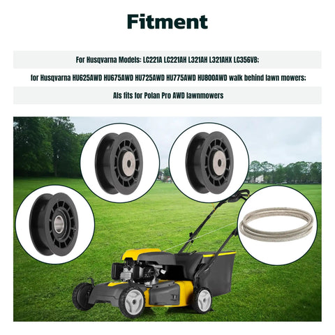 Idler Pulley Belt Repair Kit For Husqvarna 22 Inch AWD Walk Behind Mowers shown with pulleys and belt, garden background