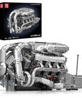 V8 Twin Turbo Engine Model Kit That Runs With Battery And Motor, 2899+ Piece Building Blocks Set For Adults And Teens, silver ABS engine model box and assembled display