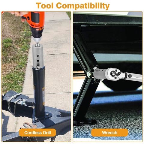 Trailer Drill Jack Adapter With 1 Inch Drive Shaft Impact Tool Adapter For Top Wind Jacks Includes Complete Hardware Kit Nyloc Nut And Bolts shows cordless drill and wrench compatibility.