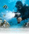 Diver using Rechargeable Spotlight Flashlight With Beast Bright 42000 Candela Beam And 1400ft Range IP68 Waterproof underwater