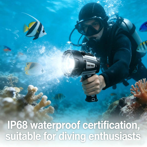 Diver using Rechargeable Spotlight Flashlight With Beast Bright 42000 Candela Beam And 1400ft Range IP68 Waterproof underwater