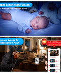 2K Pan Tilt Indoor Security Camera with AI Motion Detection and 2 Way Audio for round the clock home surveillance shown monitoring a baby and detecting motion.