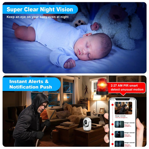 2K Pan Tilt Indoor Security Camera with AI Motion Detection and 2 Way Audio for round the clock home surveillance shown monitoring a baby and detecting motion.