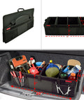 Heavy Duty Trunk Organizer With No Slip Rigid Base 70 Pound Capacity 30 By 15 Inches Black Double Pack Durable 600D Canvas With Waterproof Backing Infinitely Adjustable Dividers For Cars SUVs And Minivans filled with tools and groceries in a car trunk