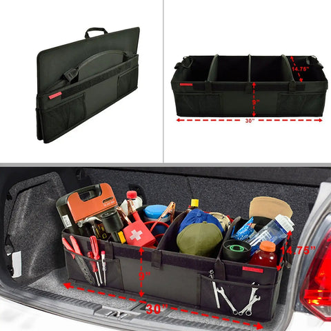 Heavy Duty Trunk Organizer With No Slip Rigid Base 70 Pound Capacity 30 By 15 Inches Black Double Pack Durable 600D Canvas With Waterproof Backing Infinitely Adjustable Dividers For Cars SUVs And Minivans filled with tools and groceries in a car trunk