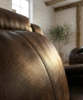 Close-up of brown leather with stitching detail on Comfy Leather Recliner Sofa Set 3 Piece Living Room Furniture Sectional With Manual Recliners Couch Family Room Home Theater Seating Brown Leather Loveseat Chair.