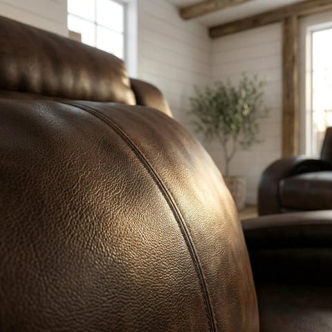 Close-up of brown leather with stitching detail on Comfy Leather Recliner Sofa Set 3 Piece Living Room Furniture Sectional With Manual Recliners Couch Family Room Home Theater Seating Brown Leather Loveseat Chair.