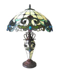 Victorian Tiffany Style Table Lamp With Multicolor Stained Glass Dulce Design Double Lit Indoor Accent Light Handcrafted Gem Tone Beads Classic Home Decor For Living Room And Bedroom Old School Vibe, showcasing detailed stained glass lampshade and ornate base.