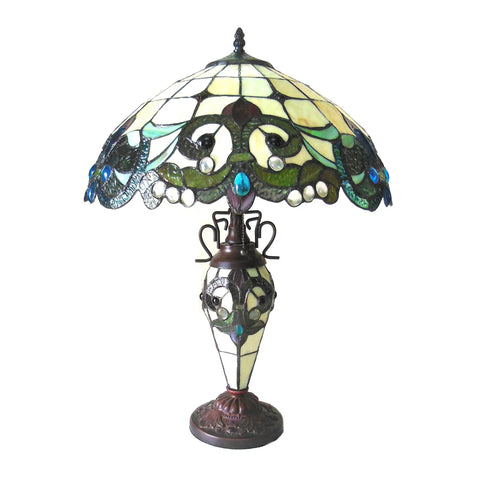 Victorian Tiffany Style Table Lamp With Multicolor Stained Glass Dulce Design Double Lit Indoor Accent Light Handcrafted Gem Tone Beads Classic Home Decor For Living Room And Bedroom Old School Vibe, showcasing detailed stained glass lampshade and ornate base.