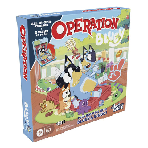 Legit Awesome Bluey Pediatrician Board Game For Kids Featuring Electronic Talking Sound Effects And All In One Carry Case With Two Play Modes And Super Chill Family Fun For Ages 6 Plus Totally Rad Interactive Playtime packaging showing characters and game details.