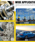 Collage showing industrial applications: bearings, machinery, and automobiles highlighting diverse uses of snap ring kit.