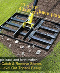 Lawn Leveling Rake 17 By 10 Inch With 77 Inch Adjustable Curved End Grip Handle displayed on soil with base plate.