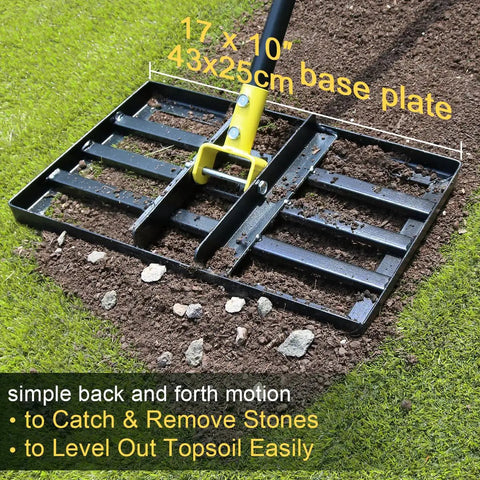 Lawn Leveling Rake 17 By 10 Inch With 77 Inch Adjustable Curved End Grip Handle displayed on soil with base plate.