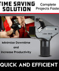 Powerbuilt universal thread repair tool, side view in gray metal with SAE/metric sizes; inset close-up of use
