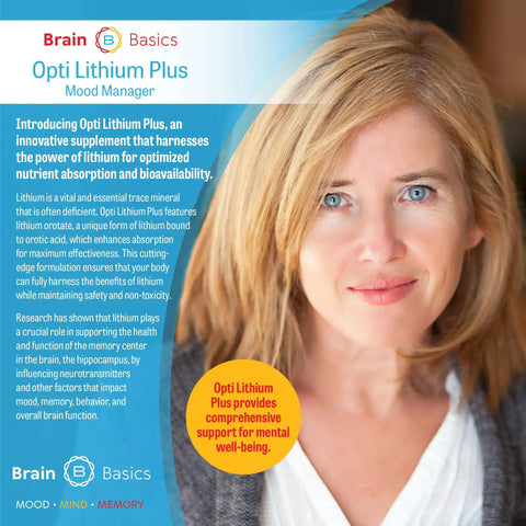Lithium Orotate Brain Support Supplement With Enhanced Nutrient Absorption For Optimal Well Being Everyday Brain Boost Focus Mood And Cognitive Health To Keep You Sharp And On Your Game packaging with woman smiling