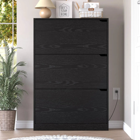 Black Slim 3-Flip Shoe Storage Cabinet With Odor Control Deodorizer, Back Panels For Stability, Freestanding Entryway Organizer