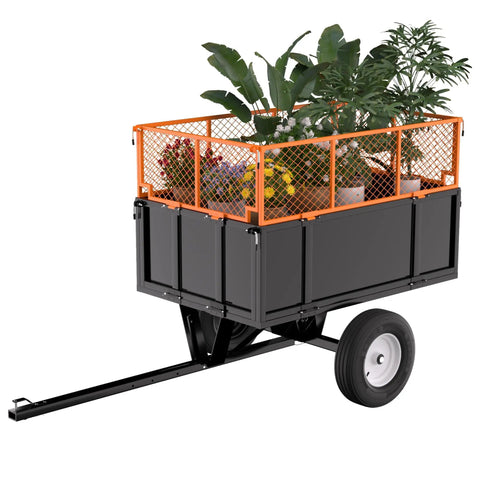 Beefy 17 Cu Ft Steel Utility Dump Cart With 750 Lb Capacity Removable Mesh Sides Pneumatic Tires shown with plants inside