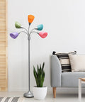 67 Inch Contemporary Medusa Five Light Adjustable Gooseneck Floor Lamp With Silver Finish And Colorful Shades In Green Lilac Coral Teal Pink