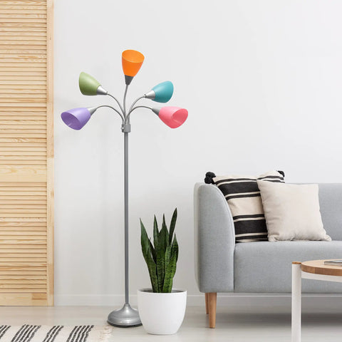67 Inch Contemporary Medusa Five Light Adjustable Gooseneck Floor Lamp With Silver Finish And Colorful Shades In Green Lilac Coral Teal Pink