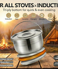 Compact Stainless Steel Camping Cookware Set With Travel Tote Bag, 4 Piece Campfire Pots And Pans Kit displayed by a campfire