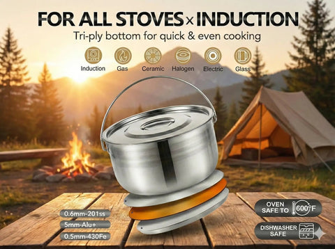 Compact Stainless Steel Camping Cookware Set With Travel Tote Bag, 4 Piece Campfire Pots And Pans Kit displayed by a campfire