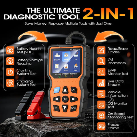 OBD2 Scanner With Battery Tester 2 In 1 Fast Fault Code Reader And 12V Battery Health And Charging System Analyzer with display screen