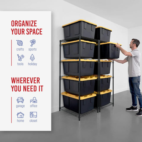 Heavy Duty Five Tier Steel Tote Rack Sized For Twenty Seven Gallon Bins Comes As A Double Pack Vertical Organizer Rock Solid Black Steel Frame Easy Setup Garage Basement Space Saver Game Changer Keeps Your Gear Neat And Accessible With No Sweat Ever