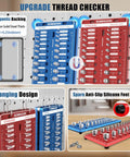 Bolt thread checker tool with magnetic base and anti-slip feet for easy bolt and nut identification and organization.