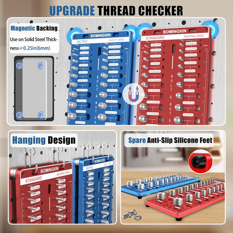 Bolt thread checker tool with magnetic base and anti-slip feet for easy bolt and nut identification and organization.