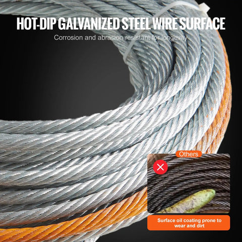 Beefy Heavy Duty 3/8 Inch By 100 Foot Steel Winch Cable With 15,200 Lbs Breaking Strength showing galvanized wire surface