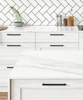 White kitchen with Matte Black Square Cabinet Handles Set for Kitchen Drawers 7.5 Inch Hole Centers 8 Inch Total Length