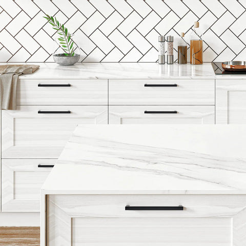 White kitchen with Matte Black Square Cabinet Handles Set for Kitchen Drawers 7.5 Inch Hole Centers 8 Inch Total Length