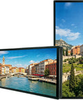 Super Practical Digital Signage Kiosk With Smart Split Screen Media Player Ideal For Restaurant Advertising Compatible With Screens From 18.5 To 43 Inches Featuring Hd Lcd Panel And 178 Degree Viewing Angle displaying scenic split images of waterway and buildings.