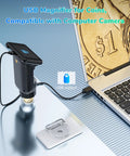 Portable Digital Microscope With 2.8 Inch LCD Screen, 8 LED Lights, Handheld USB Coin Camera, Slide Kit For Kids And Adults, Built-In Distance Adjustment Ring For Stable Focus And Clear Imaging. USB microscope connected to laptop for coin viewing.