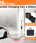 Portable Level 1 And 2 EV Charger With 16A 3.8 KW J1772 Plug 25ft cord connected to white car in garage with cable strap and bag.
